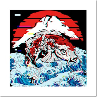 Japanese Koi Fish Vaporwave Kanagawa Wave Mt. Fuji Posters and Art